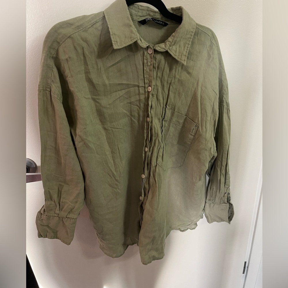 Zara Green Linen Button Down Size L